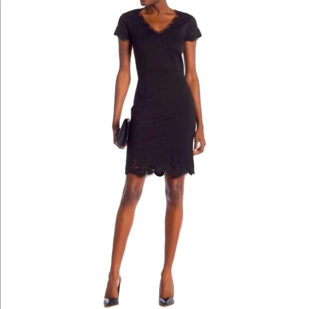 Tahari Navy Blue Cap Sleeve Scalloped Shift Dress